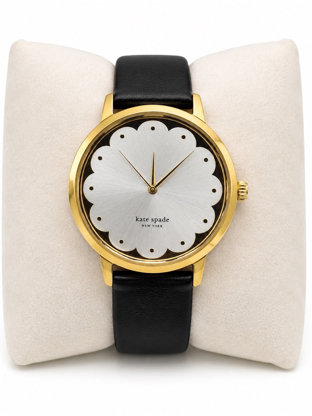 kate spade Gold and Black Leather Watch with Silver Floral Dial